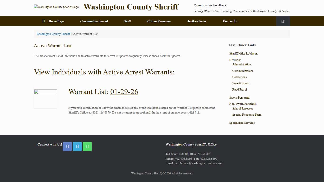 Active Warrant List – Washington County Sheriff